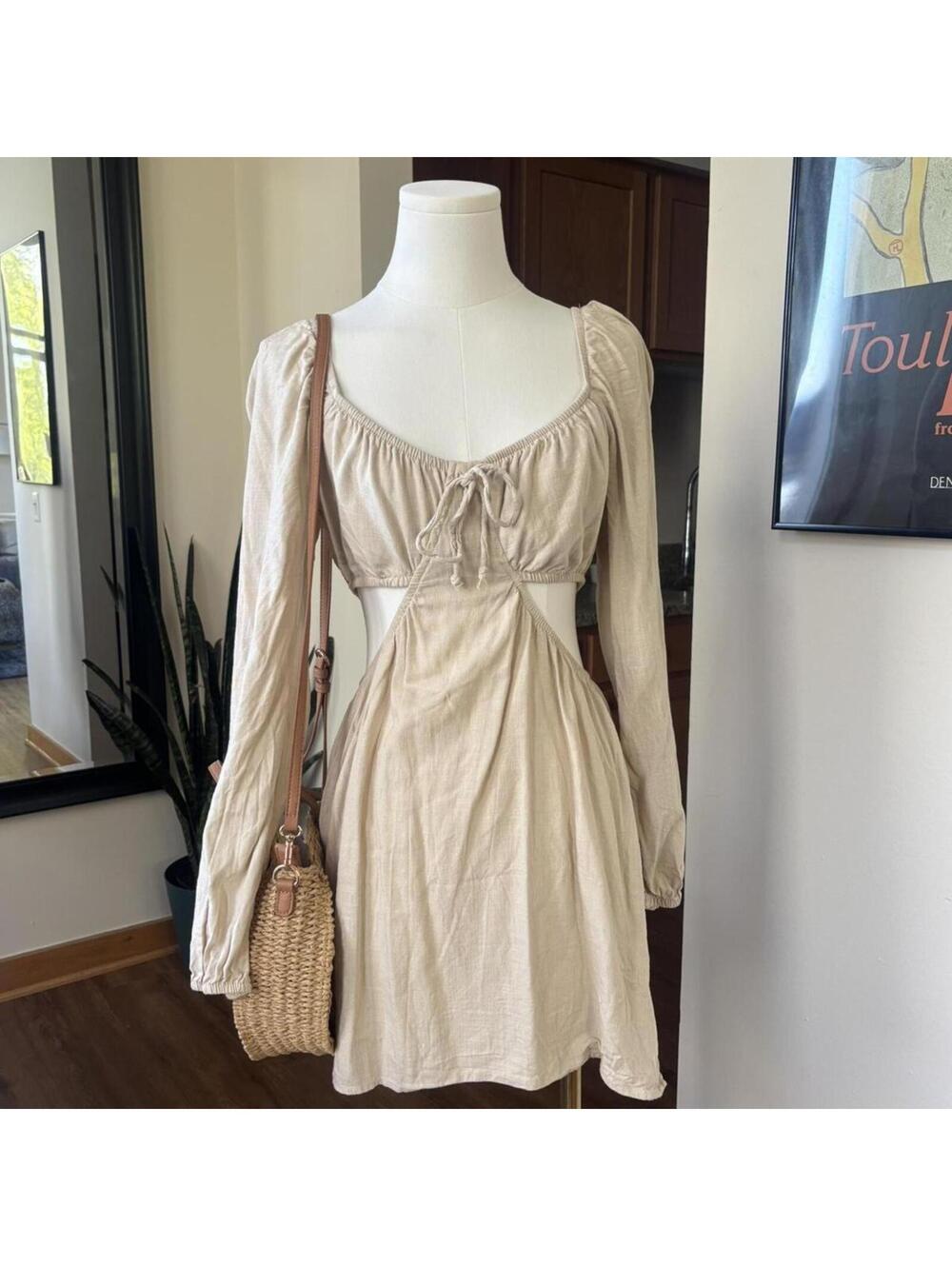 Cream Linen Blend Cut Out Mini Dress Cottagecore Coquette Euro Summer Boho